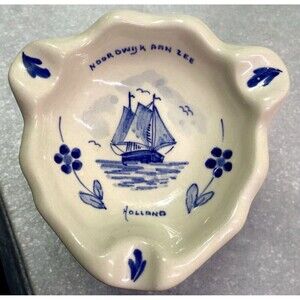 Vintage Royal Delft Ashtray Noordwijk aan Zee Holland Blue White Sailboat 5"